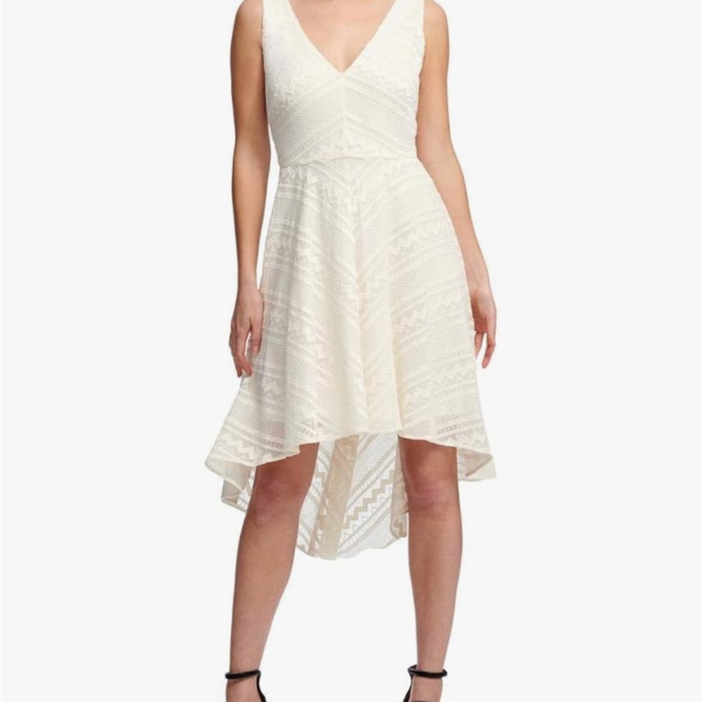 DKNY Cream Asymmetrical High-Low Dress V-Neck Sleeveless